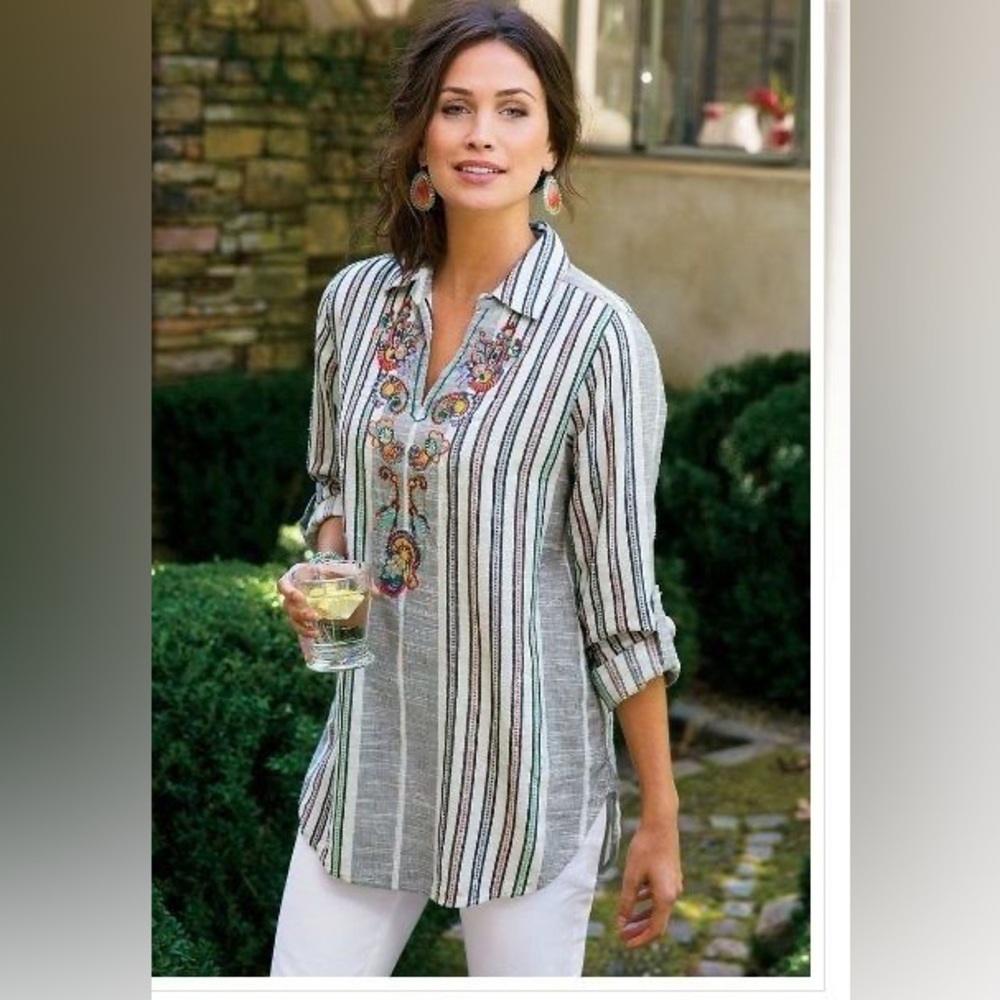 Soft Surroundings Aruba embroidered striped cotton tunic top